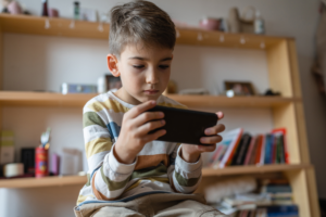 Young child with tablet showing virtual autism symptoms from excessive screen time exposure